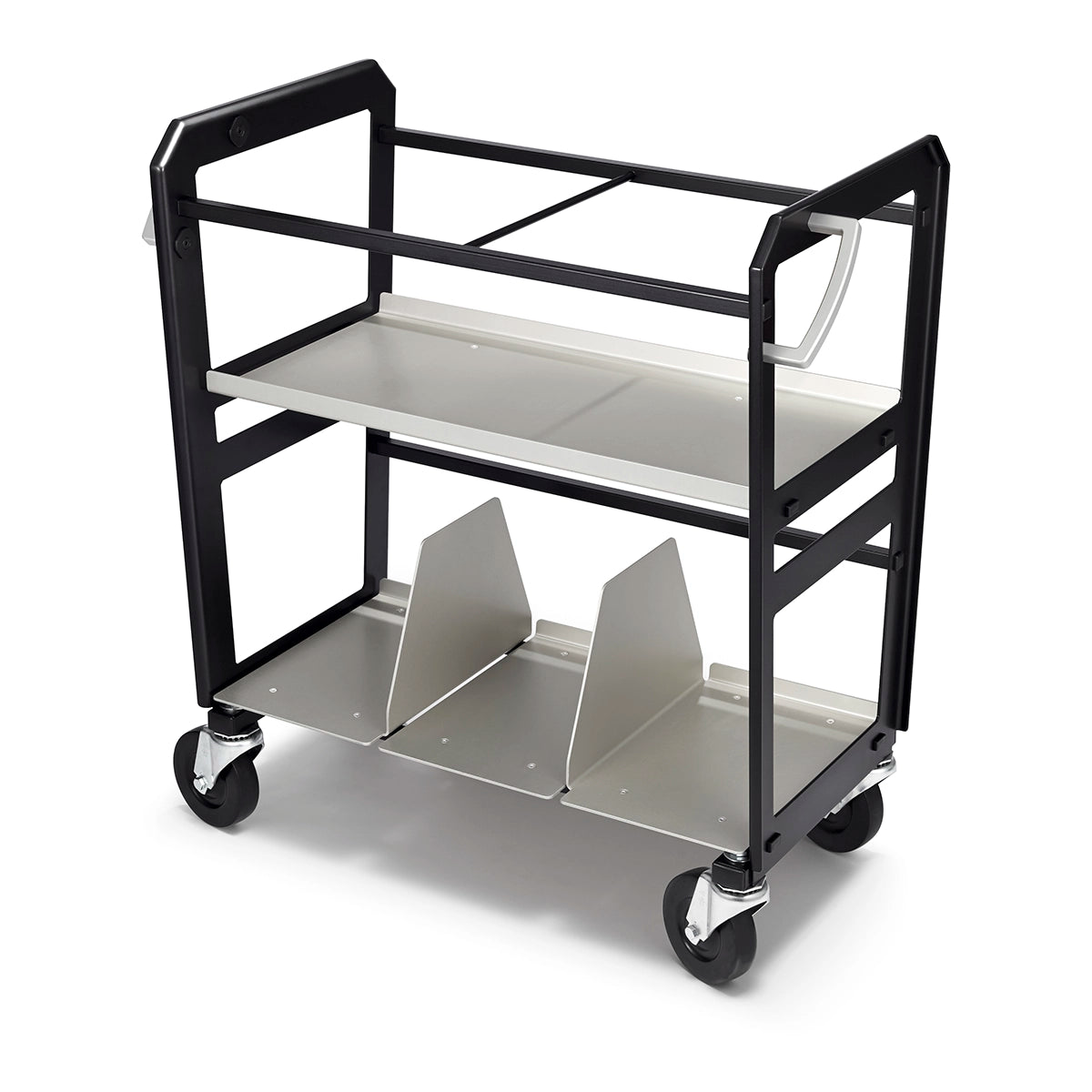 Empty black and silver rolling metal cart