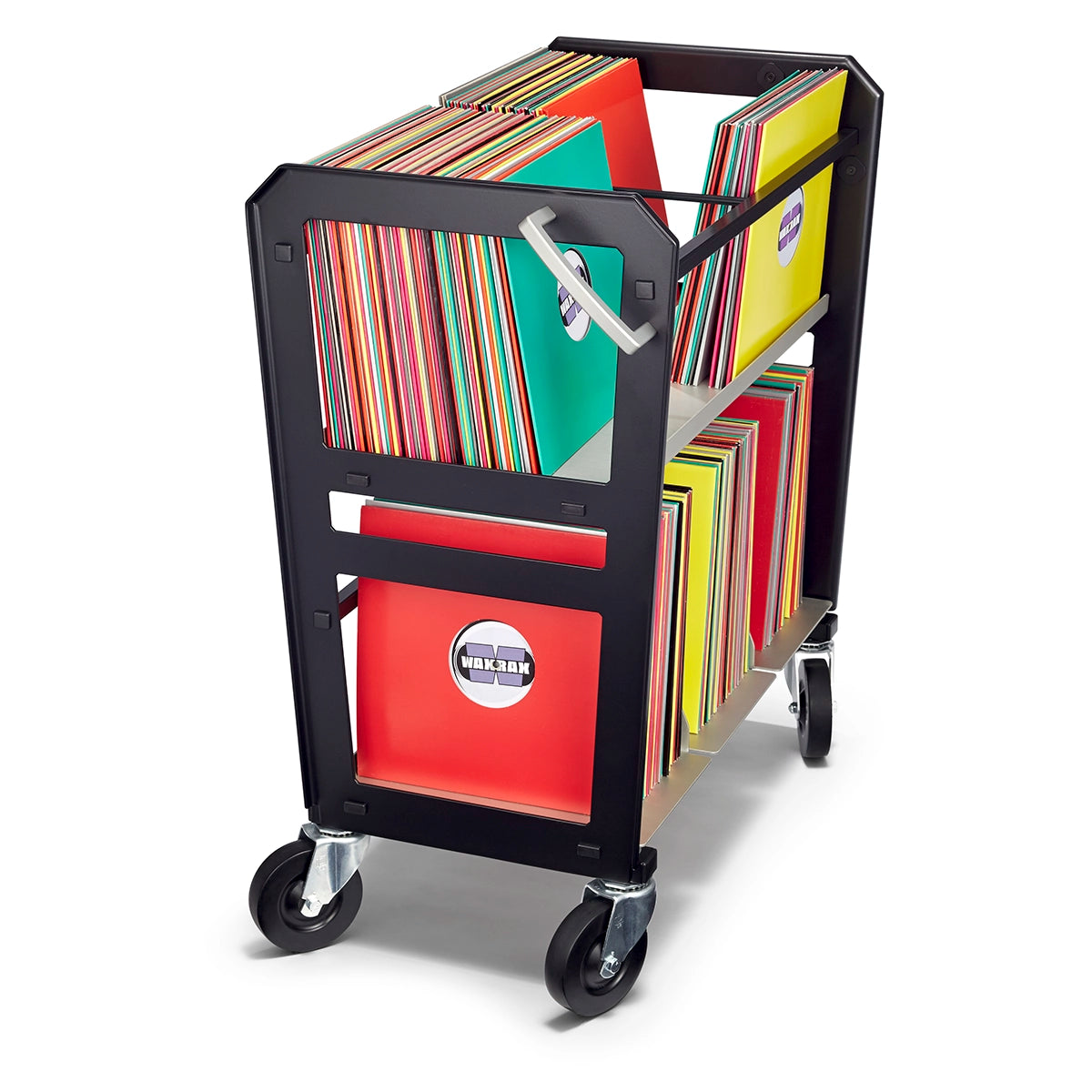 View of left side of a black and silver metal cart filled with vinyl records