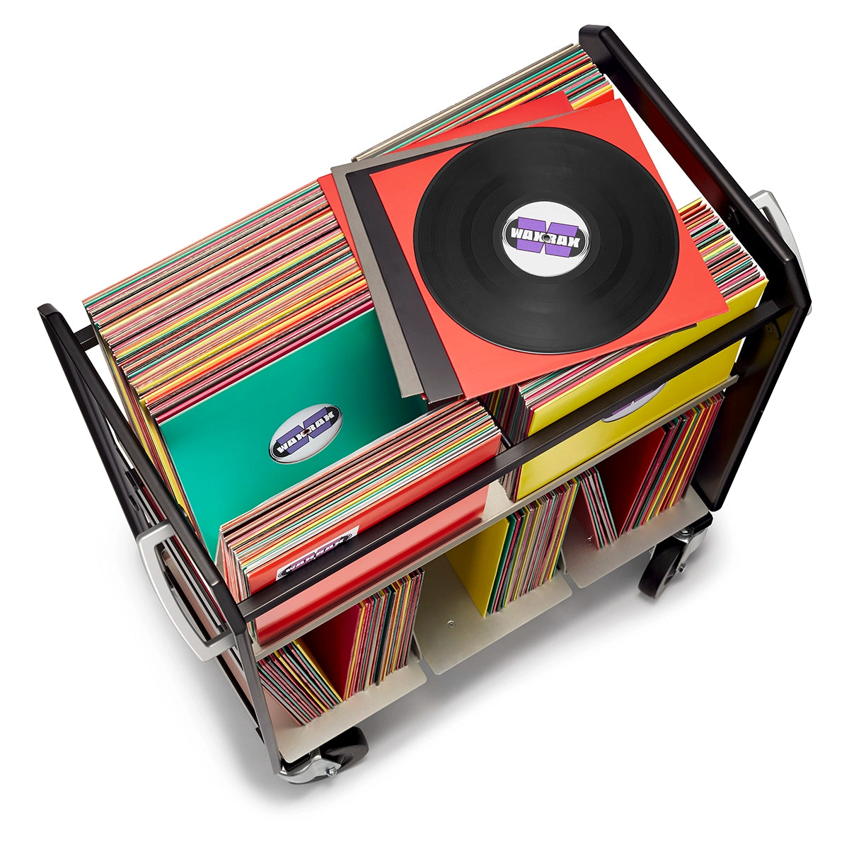 Top view of rolling cart filled with vinyl records