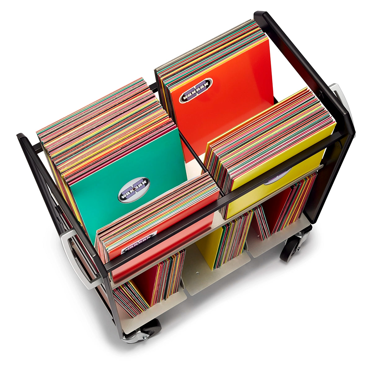 Rolling vinyl record library cart filled with vinyl records in multi color cardboard jackets