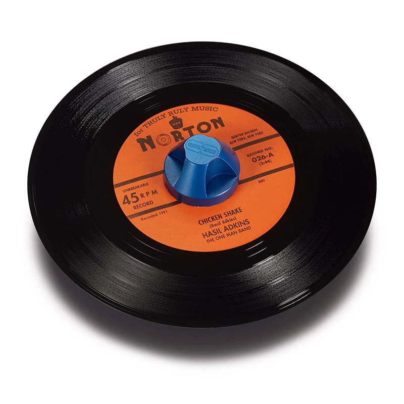 Seven inch vinyl record orange label blue 45 adapter