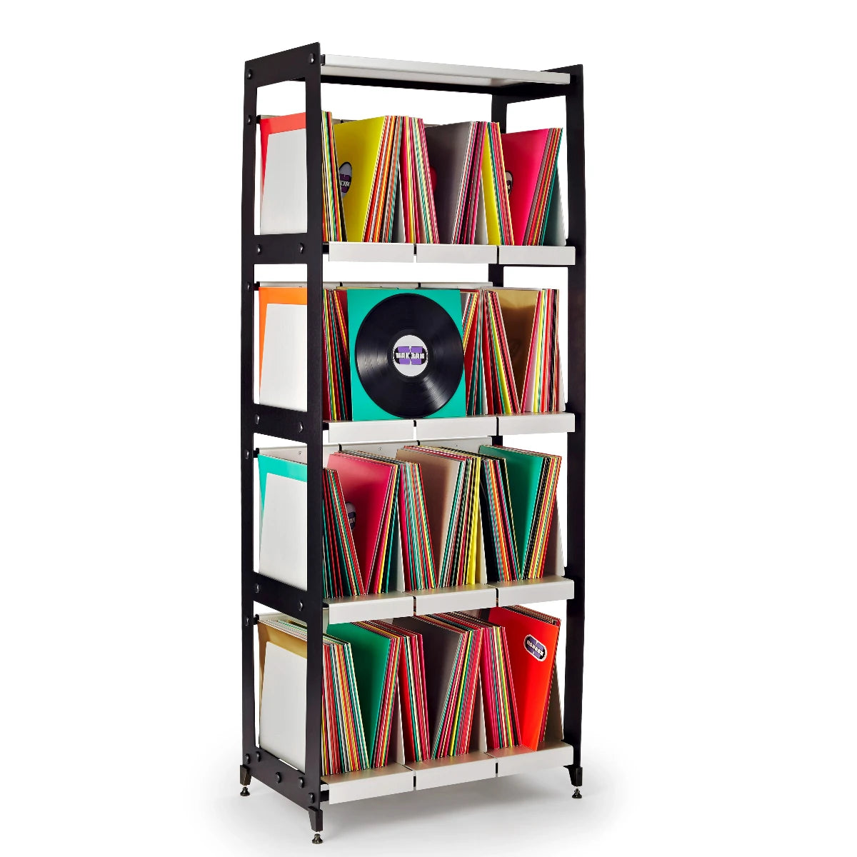 Aluminum vinyl record storage with black side panels and silver dividers full of multi color record albums