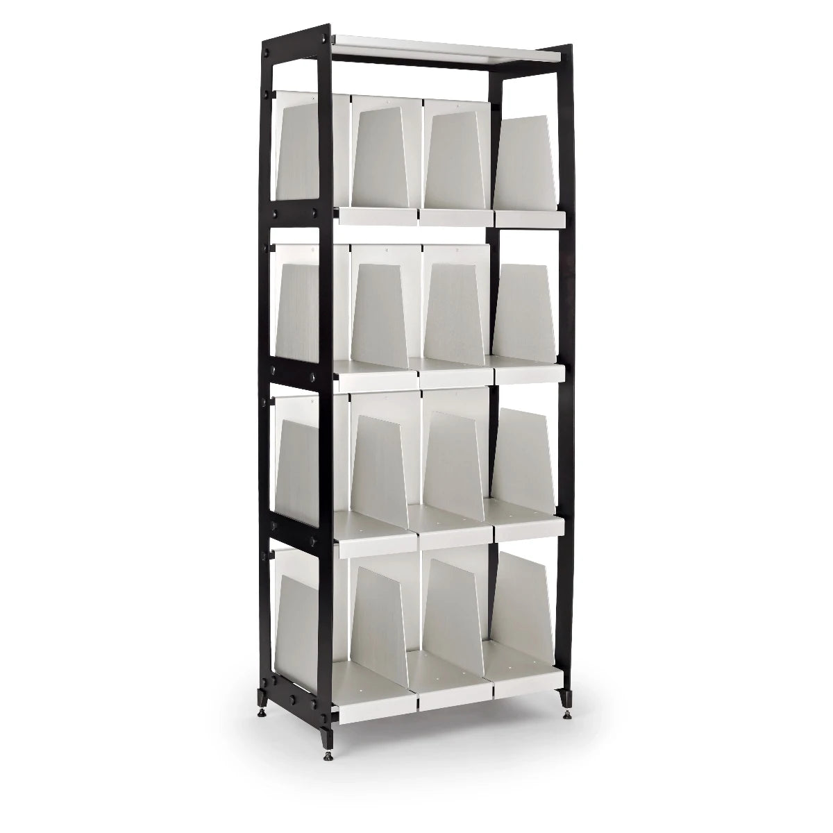 Four tier black and silver aluminum casework empty facing right