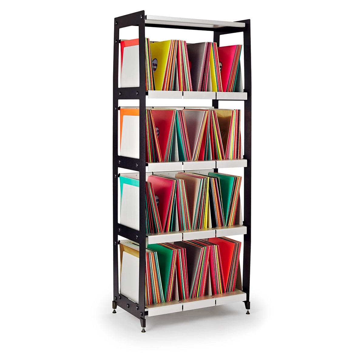 Tall vertical aluminum casework filled with vinyl record albums in colorful cardboard jackets facing left