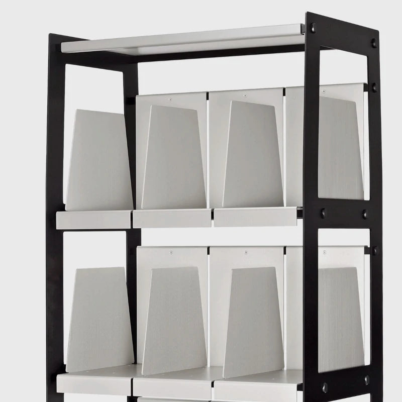 Detail view of the top of highend aluminum shelving