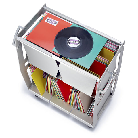 Rolling cart constructed from anodized aluminum that is holding hundreds of vinyl LPs 