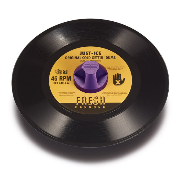 Grape purple 45 adapter made by WAXRAX with yellow and black 45 rpm vinyl record
