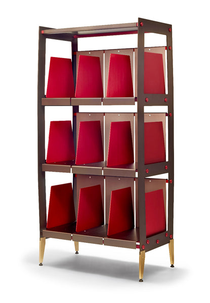Free standing verticle anodized aluminum casework shelving unit for vinyl LP record storage