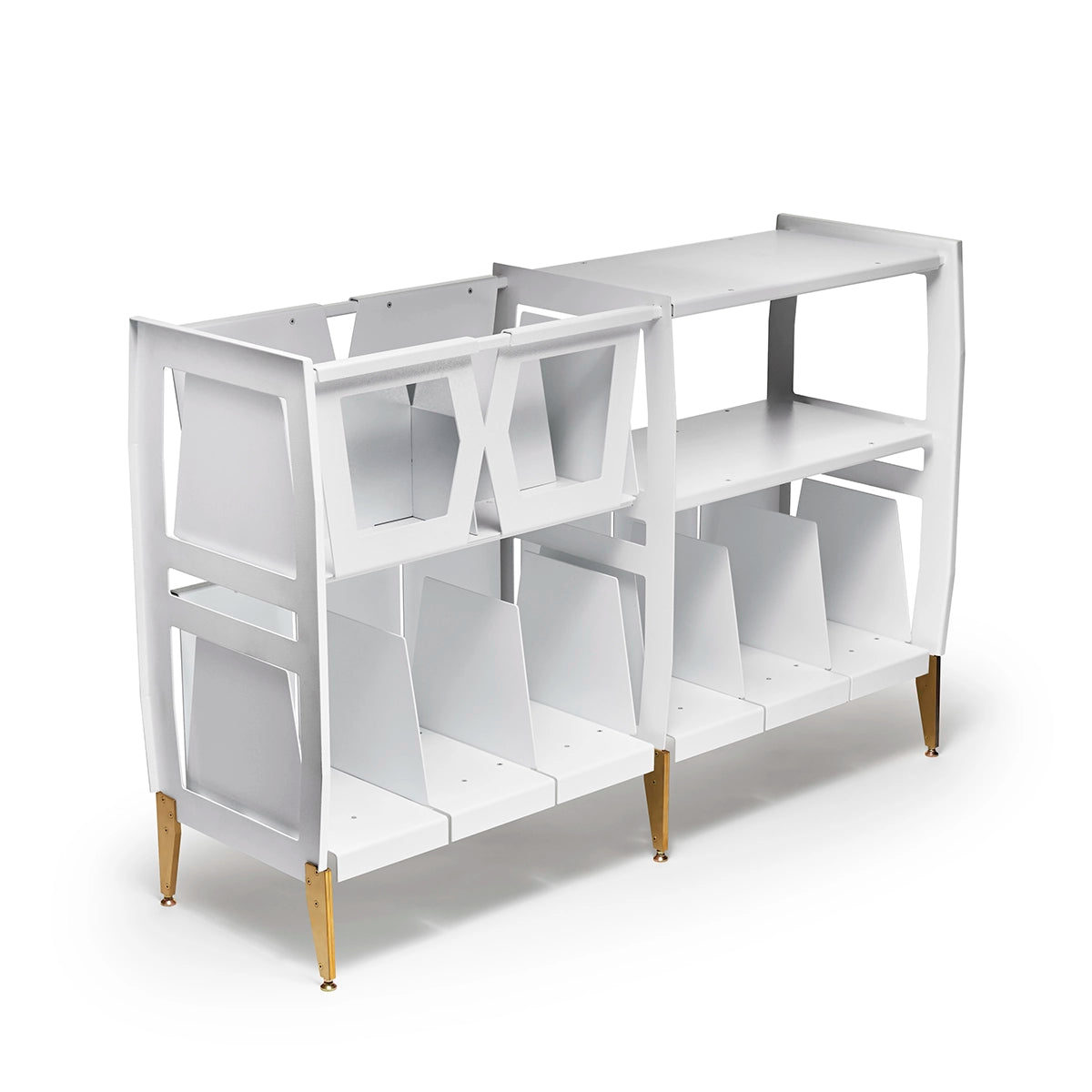 Empty white powder coated steel audio console with brass legs viewed from right