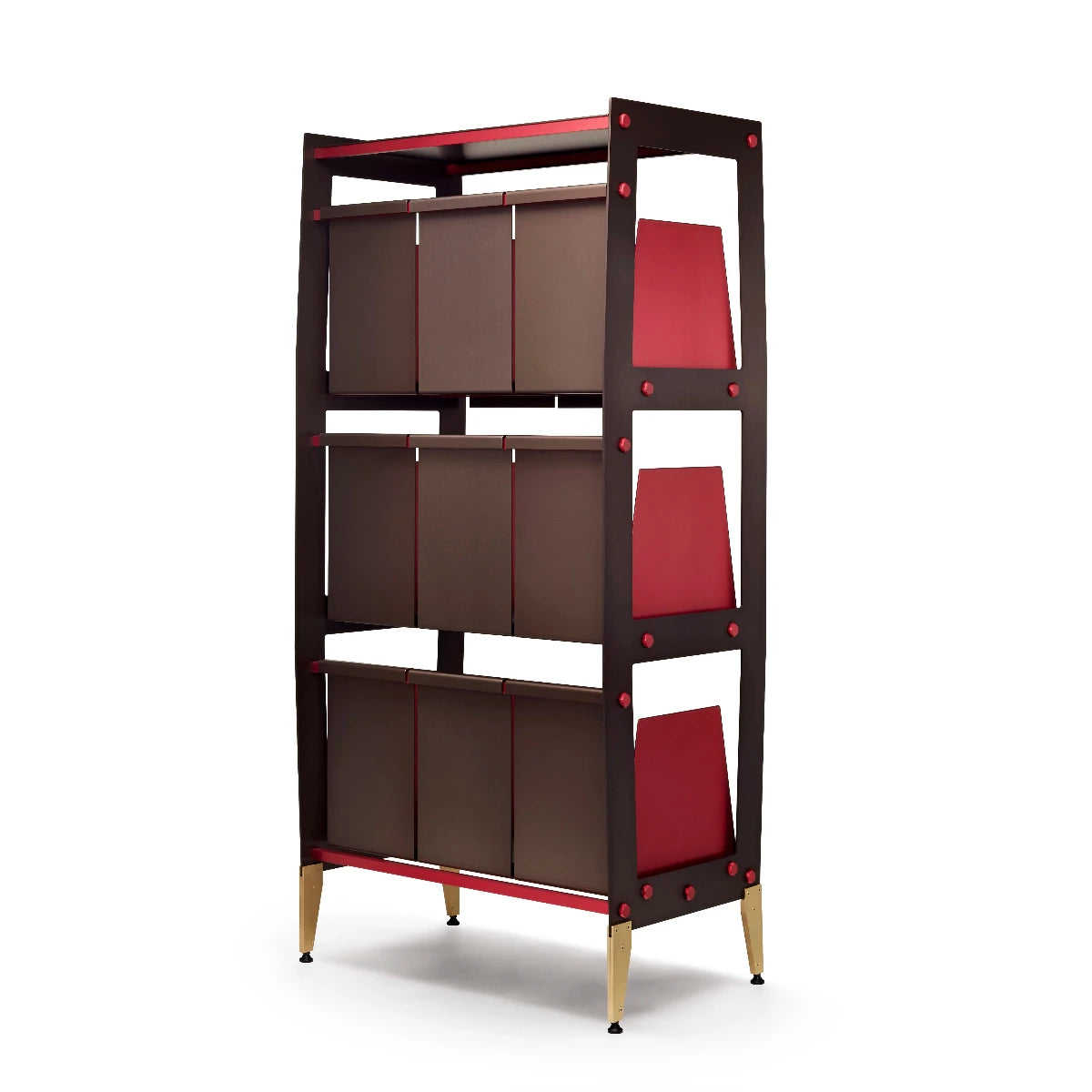 Bronze and red color anodized aluminum casework with tapered brass legs viewed from the back