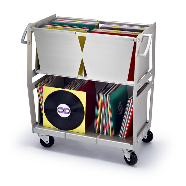 Silver rolling cart filled with many twelve inch vinyl records