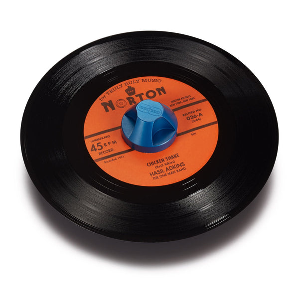 Bluberry blue metallic 45 adapter with orange label seven inch vinyl record