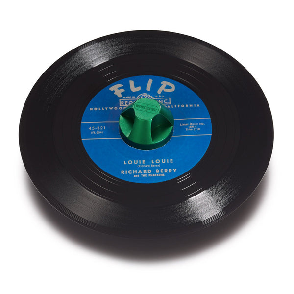 Lime green WAXRAX 45 adapter with a blue label seven inch vinyl record