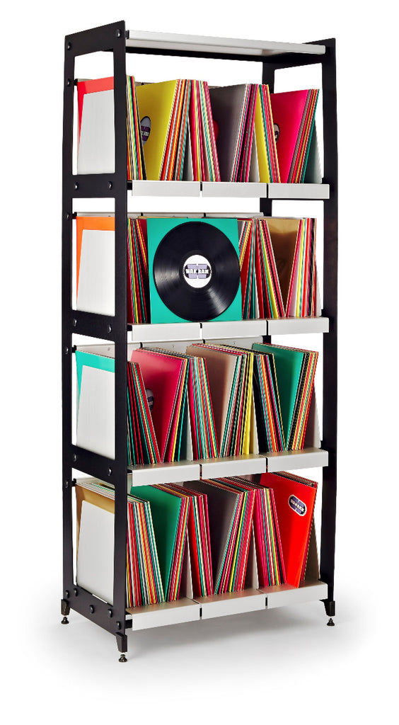 Anodized aluminum casework shelving for twevle inch LP audio recordings