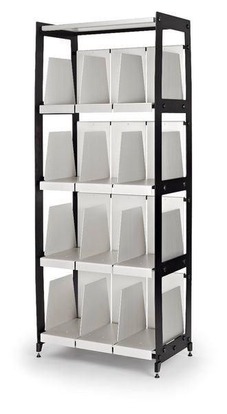Black and silver anodized aluminum four tier casework unit for twelve inch vinyl record collections