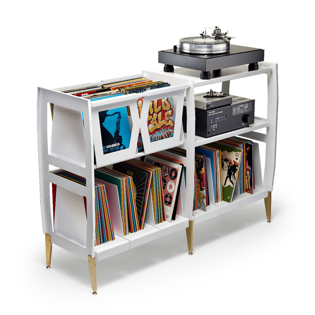 LPH console in white powder coat and brass finish shown with 550 LPs, turntable, amplifier, complete audio entertainment system