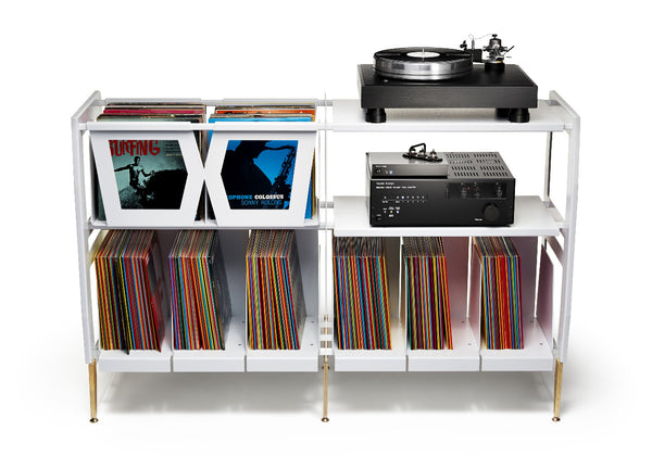 White powder coated steel console with audio gear and vinyl LP collection